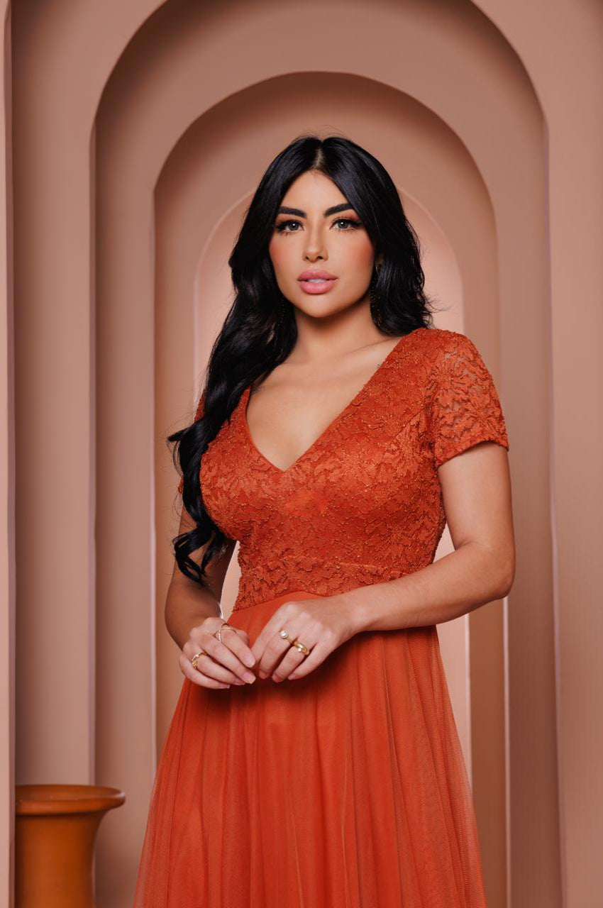 Vestido Tule + Renda com Manga