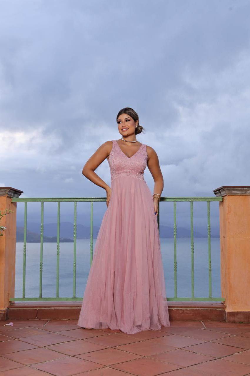 Vestido Longo Tule + Renda